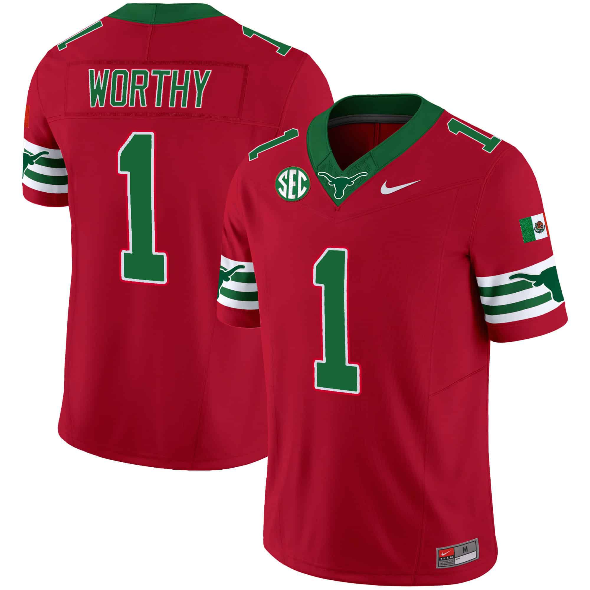 Men Texas Longhorns 1 Worthy Red 2024 Nike Mexico SEC Patch Vapor NCAA Jersey